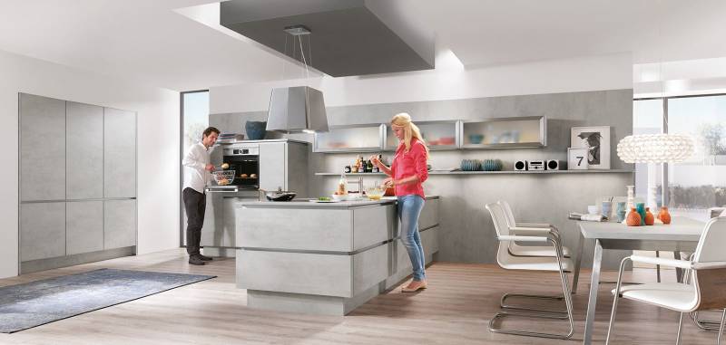 Clara Beton gris Hotte Ilot Inox